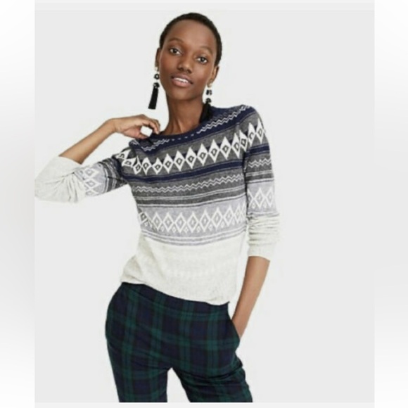 J.Crew Cropped Crewneck Sweater blue fair isle wool blend sweater size XL - Picture 1 of 11